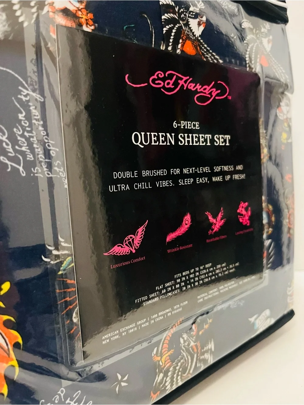 Ed Hardy & Stay Spooky Lot of 2 Queen Sheet Sets Halloween Ghost Eagle Geisha